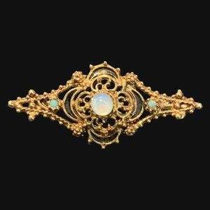 Vintage Signed Florenza  MoonStone Cabochon Gold Tone Bar Brooch Pin Enamel
